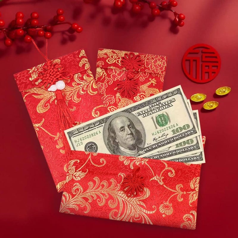 BINBE 4 Pieces Silk Red Envelope Chinese Red Pocket Lucky Money Hong Bao Card Envelope for Spring Festival Wedding New Year Birthday, 4 Styles with Chinese Knot Jade Pendant Copper Coin (4) - Image 3